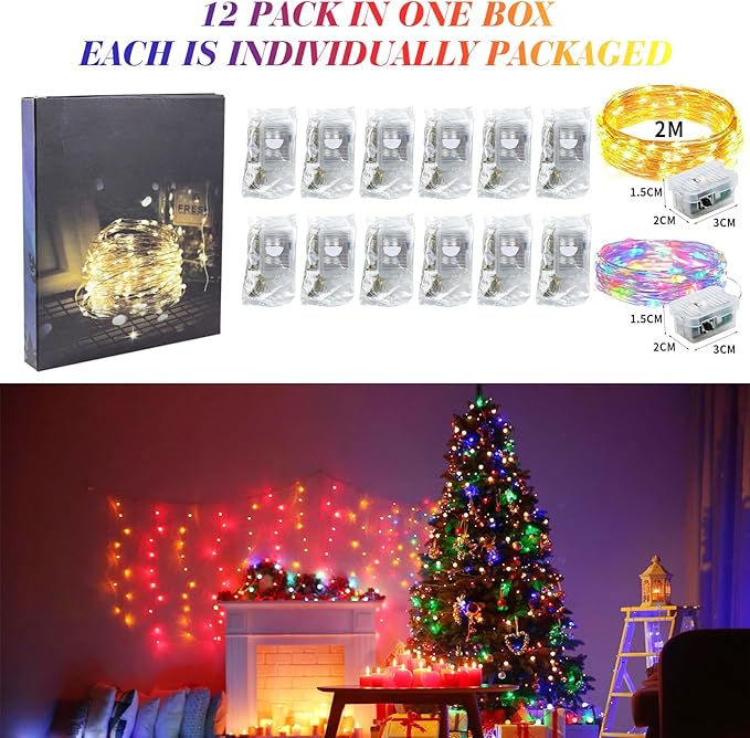 ZGWJ 12 Pack Battery Powered Fairy Lights, Mixed Colors 7Ft 20 Mini LED Silver Wires, 3 Modes for DIY, Party, Wedding, Bedroom, Halloween Christmas Decoration (Warm Colorful)