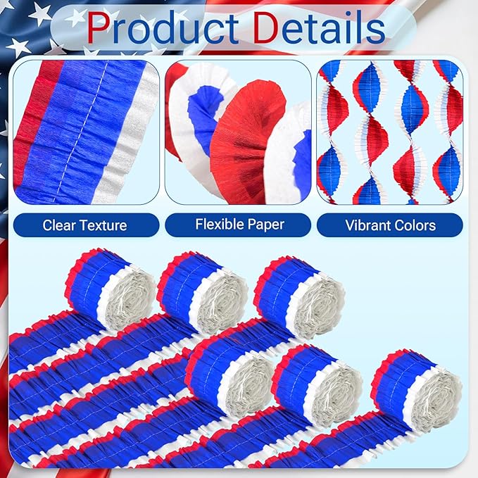 Patriotic Crepe Paper Streamers, 6 Rolls Red, Blue and White Party Streamers for Independence Day 4th of July USA Theme Party Decorations