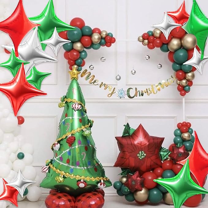 TONIFUL 30Pcs 26In&10In Star Balloons Red Green Silver Four Pointed Foil Mini Star Mylar Balloons for Halloween Chrismas Birthday Wedding Baby Shower Anniversary Engagement Party Decor Supplies