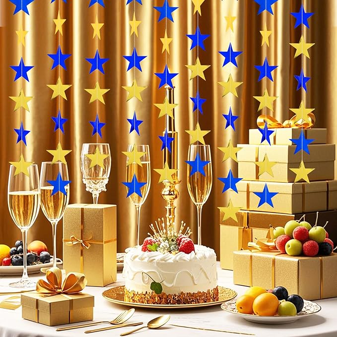 Glitter Star Garland Banner Decor 130 Feet Gold Blue Star Garland Hanging Bunting Banner Backdrop for Graduation Wedding Birthday Holiday Party