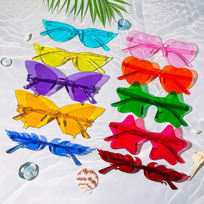 Pibupibu 36 Pcs Rimless Heart/Star/Butterfly/Flame/Cateye Party Sunglasses Bulk for Women Men, Fun Bachelor Party Glasses