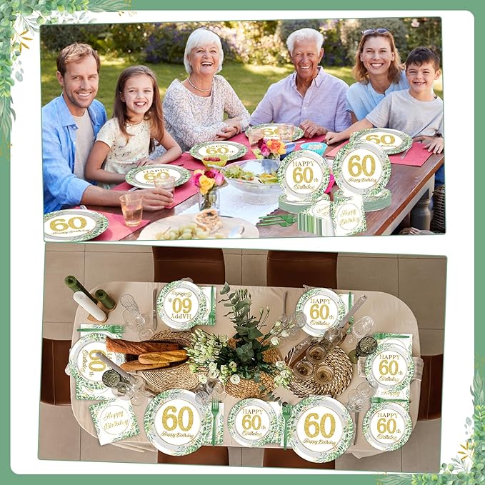 Qyeahkj 100 Pcs 60th Birthday Decorations Party Tableware Set Greenery Eucalyptus Paper Plates Sage Green Plates Forks and Napkins 60th Birthday Party Decoration for 60 Years Old Women Serve 25 Guests