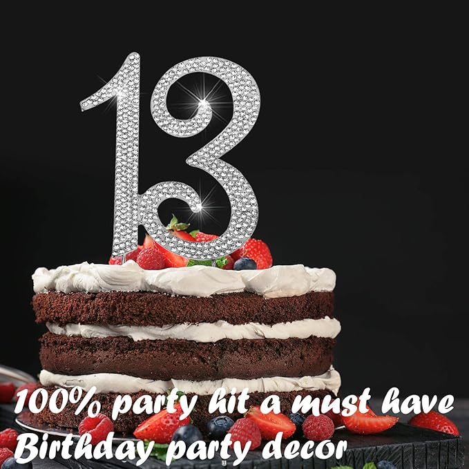 Bling Crystal Rhinestone 13 Birthday Cake Topper - Best Keepsake | 13th Party Decorations Silver