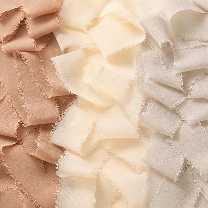 DORIS HOME Nude and Ivory Chiffon Ribbon for Flower Bouquet, 1" x21Yd Fabric Ribbon for Gift Wrapping, Handmade Frayed Ribbon for Wedding Invitations/Christmas Decorations
