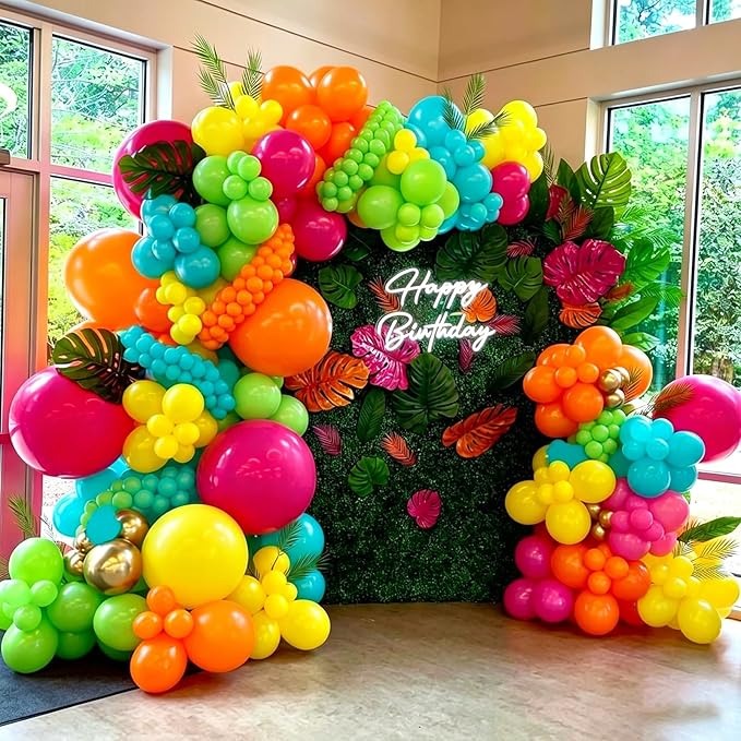 YMSZ Tropical Hawaiian Balloons Arch Garland Kit, 136pcs Hot Pink Orange and Yellow Green Teal Balloons with Different Size for Hawaiian Summer Birthday Baby Shower Party Decorations