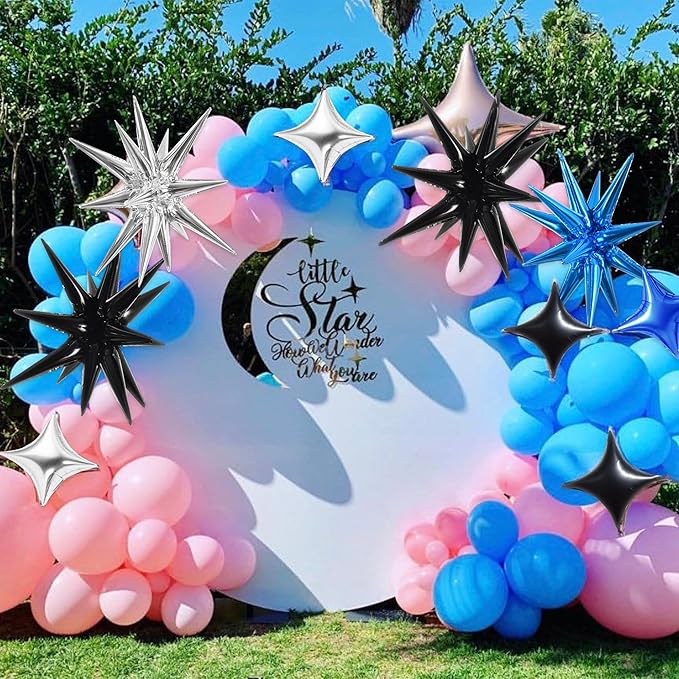 TONIFUL 22Inch 18Pcs Black Blue Silver Explosion Star Mylar Balloons and 10Inch Four Pointed Star Balloons Set for Christmas New Year Birthday Wedding Bridal Shower Anniversary Photo Booth Supplies