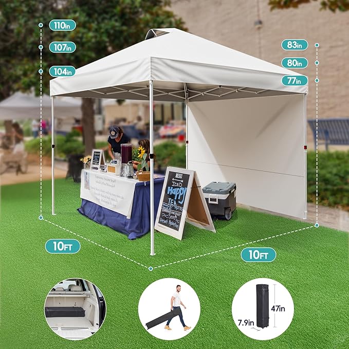 SPECILITE Canopy 10x10 Pop Up, Easy Up Outdoor Tent with Sidewall, PF 50+, Waterproof, Adjustable Sun Shelter with Vented Roof for Party, 1 Wheel Bag, 8 Stakes, 4 Ropes, 4 Sandbags,White