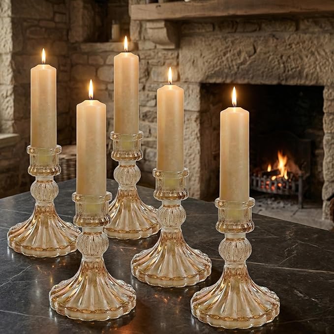 Amber Crystal Glass Candlestick Holders Set of 6, Vintage Taper Candle Holders for Dining Table, Wedding Centerpieces, Romantic, Thanksgiving Christmas Party Home Decor