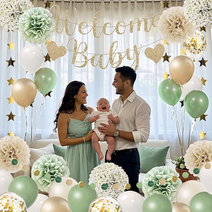 Baby Shower Decorations Sage Green Balloons Welcome Baby Banner, Pom Poms Flowers , Circle Dots Star Garland, Boys or Girls Gender Reveal Birthday Party Supplies