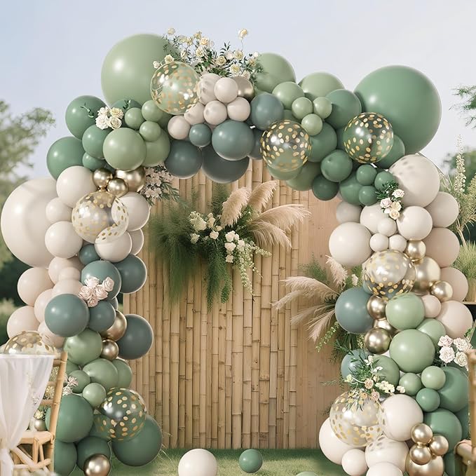 Amandir 173Pcs Dusty Green White Sand Balloon Arch Garland Kit, Beige Cream Mist Olive Light Sage Green Gold Confetti Balloons for Birthday Baby Shower Woodland Wild One Wedding Party Decorations