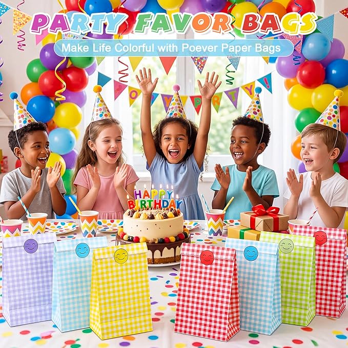 Nezyo 60 Pcs Pastel Gingham Paper Gift Bags with Stickers for Party 5.1 x 3.1 x 9.4 Inches Colorful Rainbow Paper Candy Bag for Party Favor Wedding Birthday Candy Snack DIY Goodie Treat (Plaid)