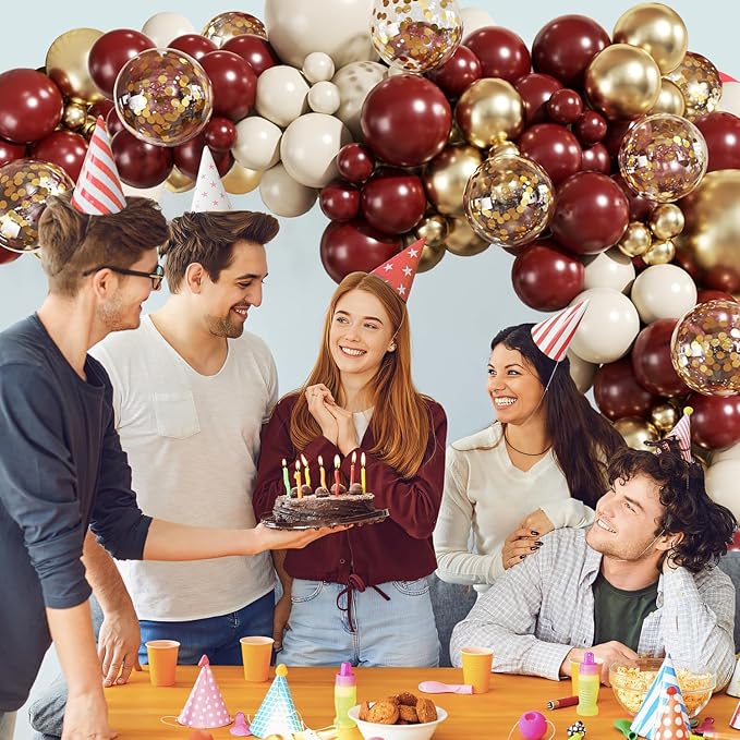 Burgundy Balloon Arch Garland Kit, 140Pcs Burgundy Maroon Gold Sand White Confetti Balloons With Stars for Birthday Christmas Birdal Shower Graduation Party Decorations