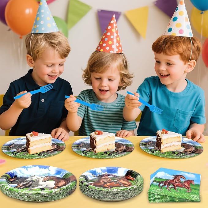 Horse Party Supplies - Horse Party Tableware - Dinner Plates, Dessert Plates, Napkins, Forks for Horse Racing Cowboy Western Boy Birthday Party Supplies Decorations, Serves 25