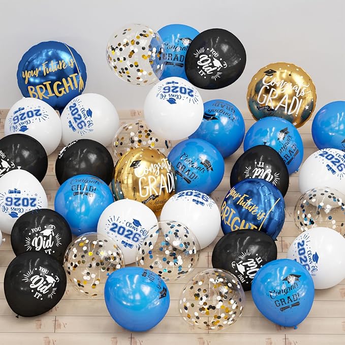 GuassLee Graduation Blue and Gold Balloons 2026 - Grad Latex Confetti Balloons with Congrats Grad Foil Balloons for Graduation Party Decorations Supplies, 60Pcs
