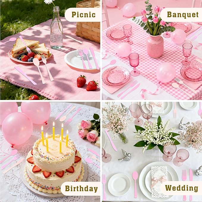 180 PCS Pink Plastic Silverware, Pink Plastic Cutlery Set Disposable 60 Forks, 60 Knives, 60 Spoons for Birthday, Valentine's Day, Baby Shower, Bridal Shower