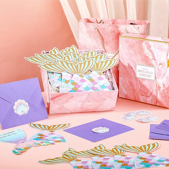 Hotop 24 Sets Mermaid Birthday Invitations with Envelopes and Mermaid Stickers Glitter Mermaid Invitations for Kids Birthday Party Baby Shower Mermaid Themed Party Supplies Pool Party