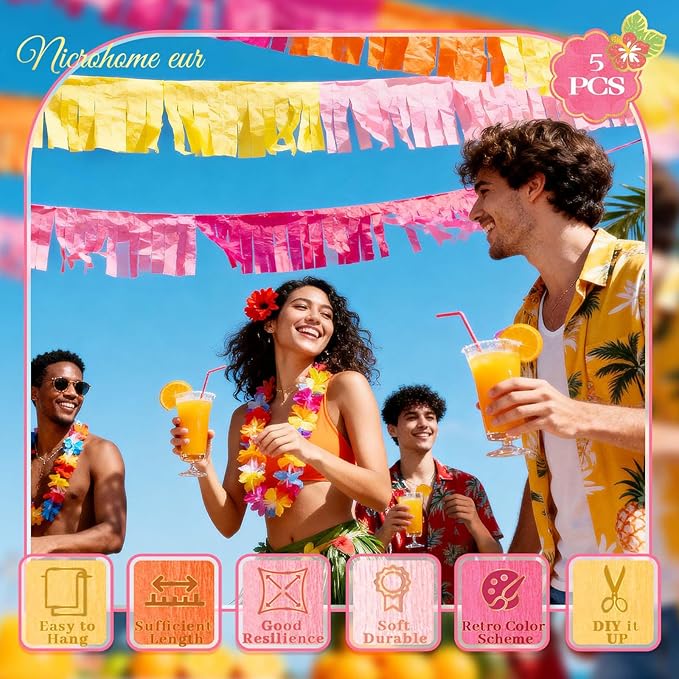 NICROHOME EUR Orange Pink Summer Party Crepe Paper Streamers, 5 Rolls Retro Hanging Garland Streamers for Sunset Party Birthday Wedding Baby Shower Fall Thanksgiving Backdrop Decor (1.8 x 82 Ft/Roll)