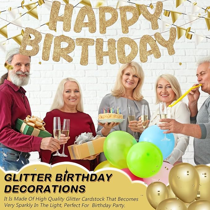 Fulmoon Glitter Pre Strung Happy Birthday Banner No DIY Party Decorations Happy Birthday Sign Decor for Men Women Boy Girls Backdrop(Champagne Gold)