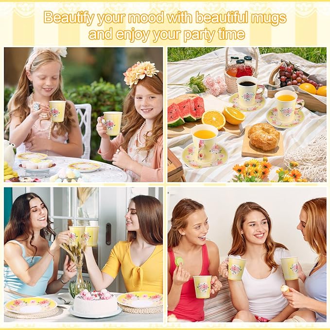 Zopeal 100 Pcs Disposable Tea Party Decorations 9 oz Floral Paper Cup with Handle and Saucer Set for Mother Day Wedding Birthday Spring Princess Blossom Party Baby Shower Supplies(Light Yellow)
