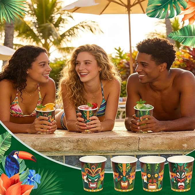 100 Pcs Tiki Cups 9 oz Disposable Tiki Bar Cups Bulk Vintage Paper Hawaiian Luau Party Decorations for Kids Adults Beach Summer Swimming Pool Tropical Aloha Drinking Supplies
