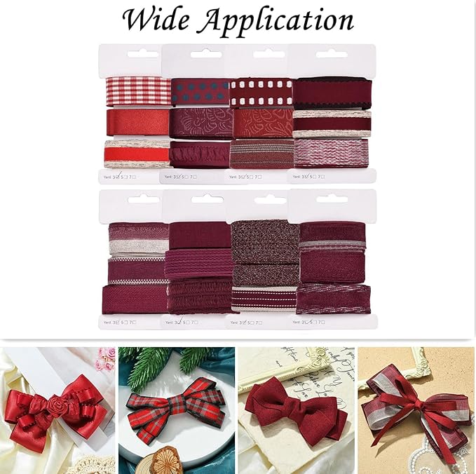 BEEFLYING 3 Styles Dark Red Wire Edged Ribbons for Gift Wrapping Decoration 25~28mm×2.7m Organza Ribbon Satrin Ribbon for Wedding Party Decoration Hair Bows Flower Designs Sewing and Craft, 9 Yards