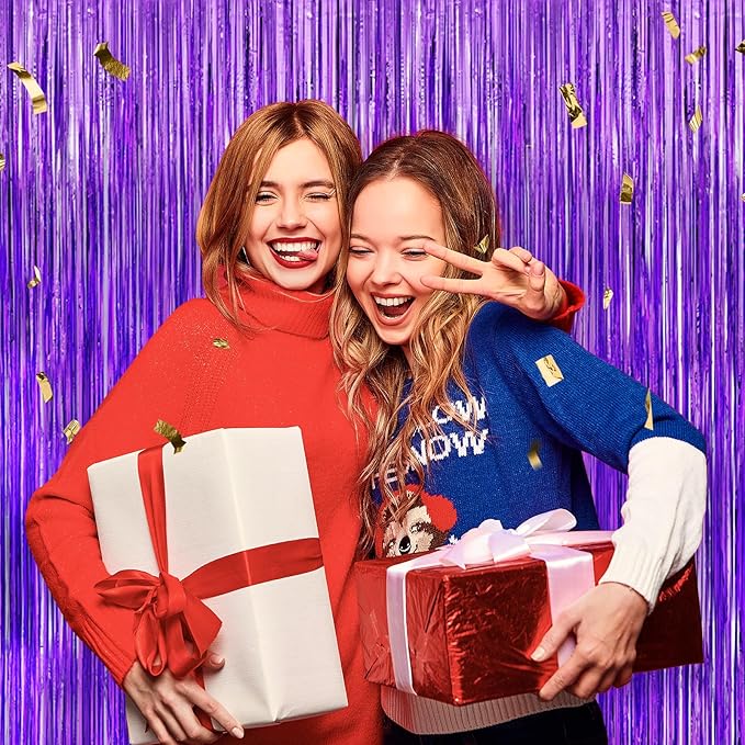 Purple Metallic Tinsel Foil Fringe Curtains Backdrop 2Pack 3.3x8.3Ft Purple Party Streamers for Birthday Party Decorations Halloween Christmas Decors Foil Curtain Backdrop for Bachelorette Wedding