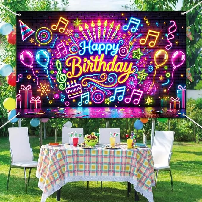 BlissYard Happy Birthday Banner Neon Decrations Backdrop Glow in The Dark Party Background Decorations 84x60 Inch with Balloons Music Notes and Fun Confetti Banners for Girls or Boys Gifts