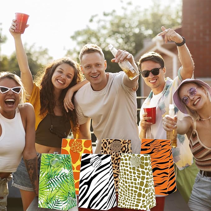 24 Pcs Animal Print Goodie Bags Wildlife Print Gift Bags with Stickers -Wild Life Animal Themed Birthday Party Favor Bags, Leopard Tiger Zebra Giraffe Pattern for Animal Themed for Party Decoration Supplies