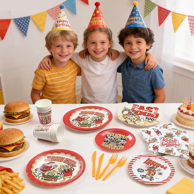 144Pcs Food Birthday Party Supplies Decorations Hamburger Fried Chicken Fries Themed Paper Plates Napkins Vintage Party Tableware Disposable Dinnerware for Boy Kid Birthday Table Decor, Serve 24