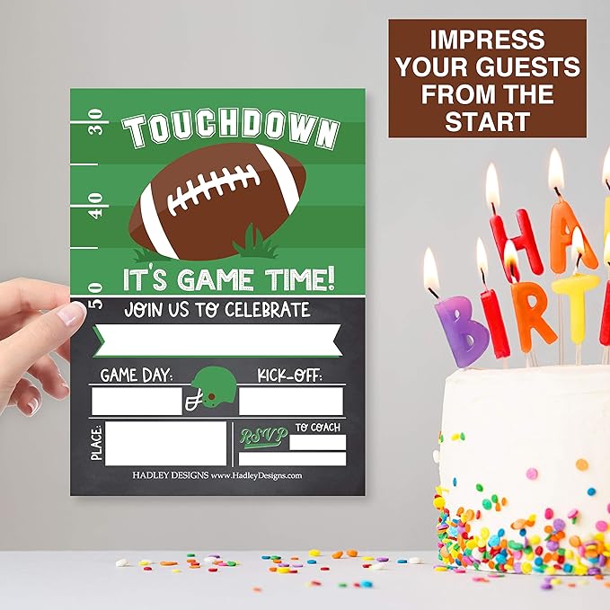 Hadley Designs Kids Birthday Invitations For Boys Football Theme - 25 Football Birthday Party Invitations For Boys, Touchdown Invites For Boy, Cute Party Supplies, Made In USA