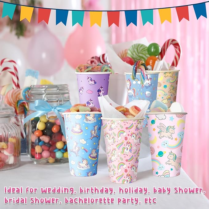 Jingmore 120 Sets 16oz Disposable Paper Coffee Cups with Lids Sleeves Straws Holiday Paper Drinking Cups Bulk for Hot Cold Beverages Home Business Cafe Birthday Party Supplies (Unicorn)