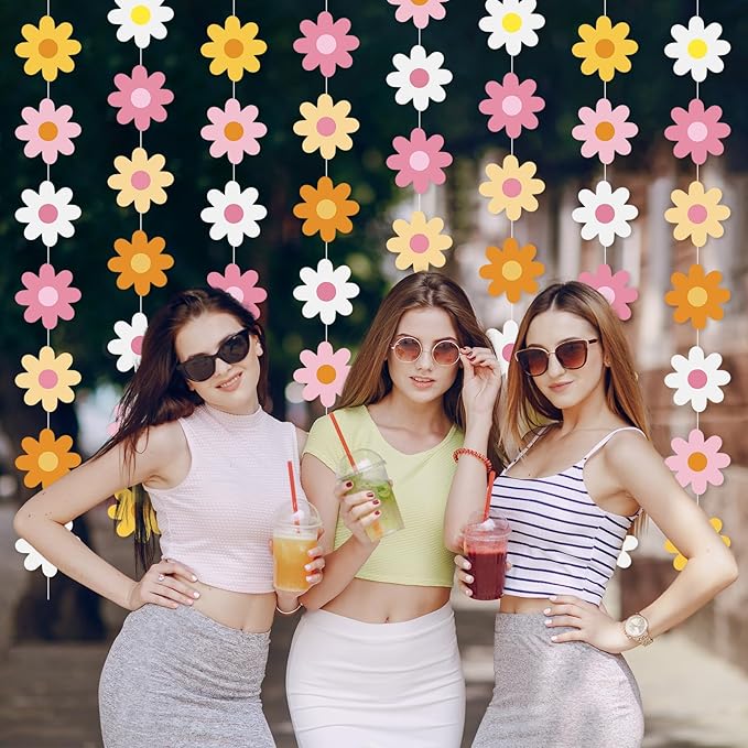 Pasimy 8 Pcs Daisy Boho Party Decorations Groovy Daisy Paper Garlands White Flower Hanging Garland Banner Hippie Flower Cutouts for Birthday Shower Wedding Party Favor Supplies(Groovy,Multicolor)
