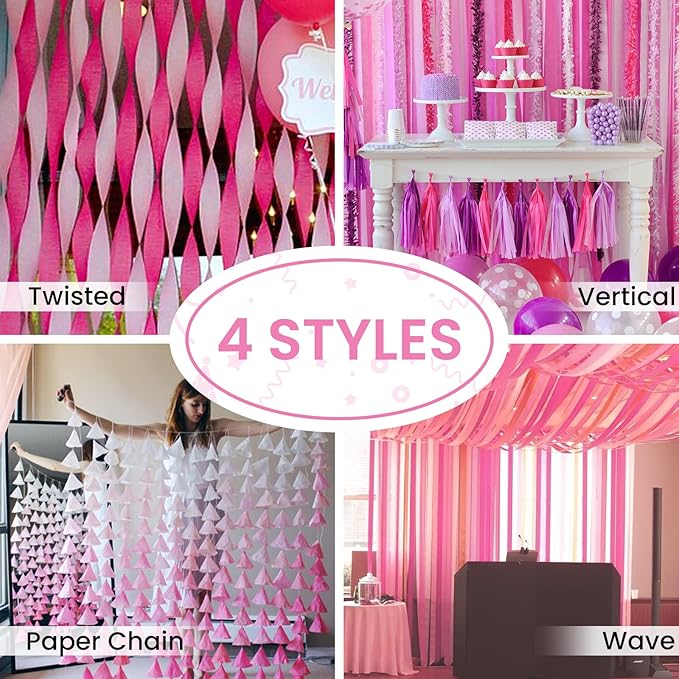 PartyWoo Pink Crepe Paper Streamers 6pcs 492ft Pack of Light Hot Dark Pink Peach Ivory White Crepe Paper Streamers for Birthday Gender Reveal Baby Shower Graduation Bachelorette Party Decorations