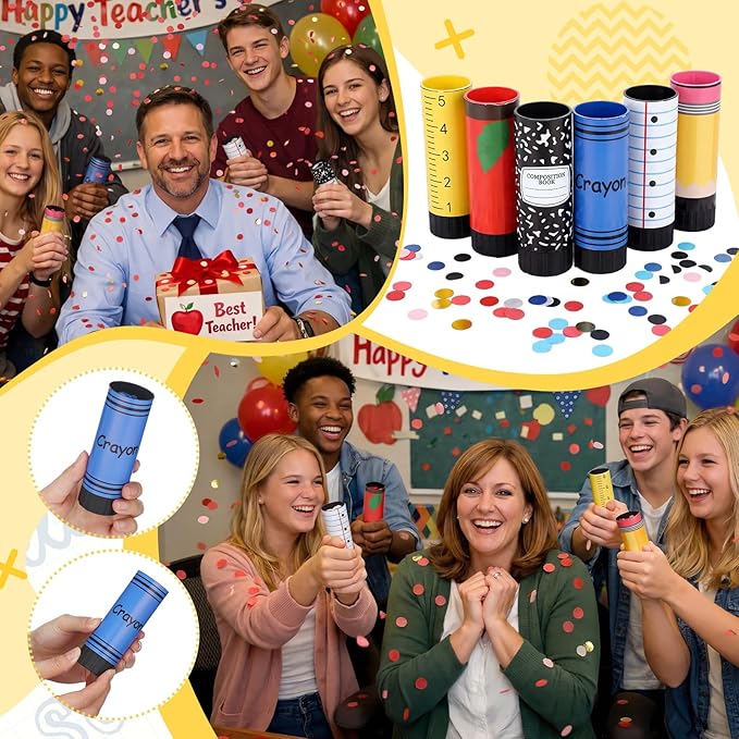 Outus Back to School Ready Confetti Cannon Colorful Paper Poppers Teacher Appeciation Gifts Celebration Pencil Crayon Ruler Apple Composition Notebook Confetti Kit Favor Decorations