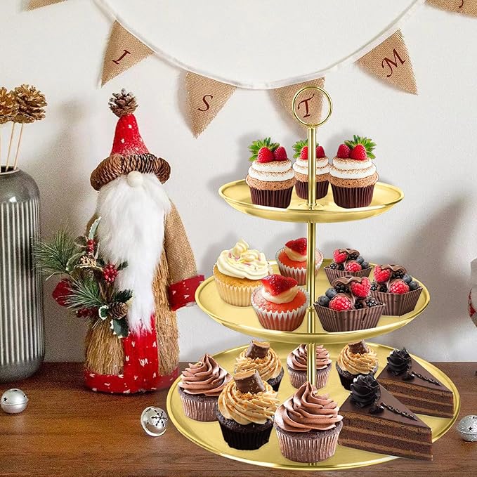 3 Tier Gold Cupcake Stand Stainless Steel Dessert Display Rack with Removable Tiered Tray for Parties,Weddings,Birthdays,Decorations,Any Festivals and Festivities(Stainless Steel Pole-2 Pack)