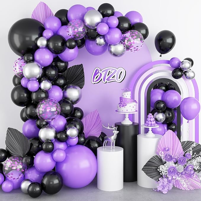 Black Purple Balloons Arch Kit,BTZO Metallic Silver Purple Confetti Balloon for Birthday Wedding Bridal Shower Graduations Party Decorations