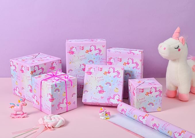 Titiweet Unicorn Wrapping Paper Roll - Mini Roll 17 Inches X 33 Feet - Birthday Wrapping Paper for Girls, Rainbow Wrapping Paper for Birthday Party(Unicorn)