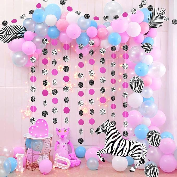 Cheerland Zebra Party Decoration Zebra Print Circle Garland Hot Pink Black Birthday Decor for Bridal Weddings Baby Shower Engagements Summer Animal Print Jungle Party Supplies 4pcs