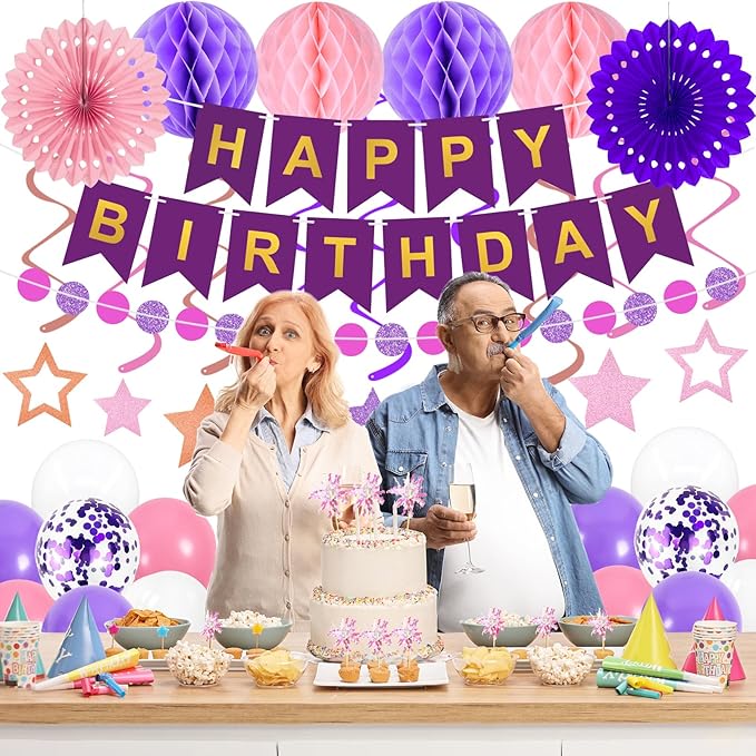 69Pcs Birthday Decorations Purple Happy Birthday Banner Balloons Honeycomb Balls Paper Fans Hanging Swirl Stars Garland Cupcake Toppers Party Decorations for Women Men