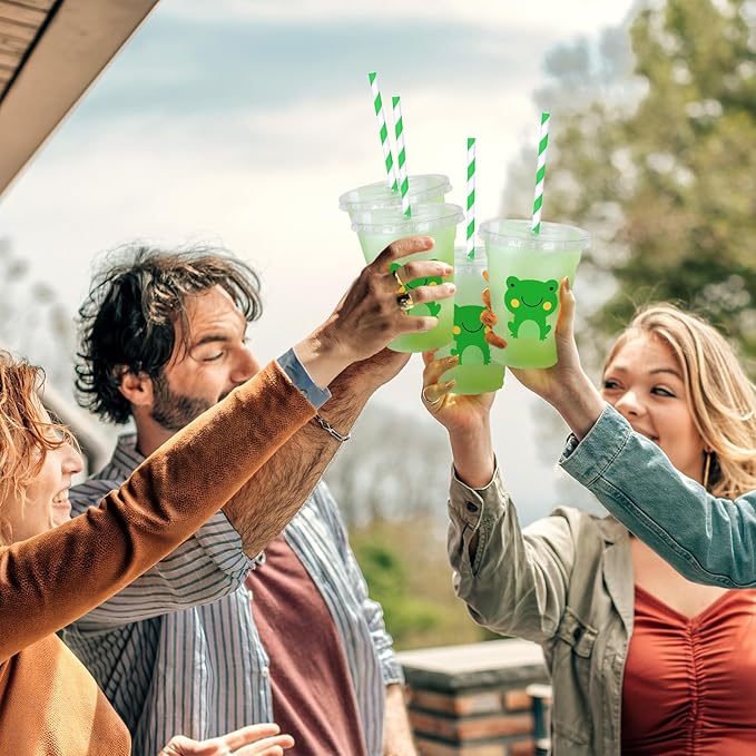 Whaline 50 Pcs Frog Disposable Plastic Cups with Lids and Straws Cute Green Frog Party Cups Cold Beverage Drinking Cups for Baby Shower Birthday Party Supplies