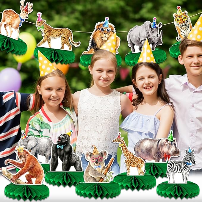 Safari Birthday Decorations 12-Pack | Animal Birthday Party Decorations Set with Honeycomb Centerpieces | Jungle Theme Party Supplies for Kids, Baby Shower, Wild One Celebration