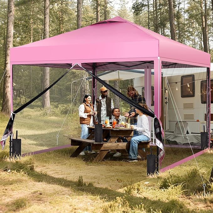 GDY 10x10 Pop up Canopy Tent with Mosquito Netting, Easy up Gazebo for Patio, Camping and Garden, Includes 4 Sandbags, Pink