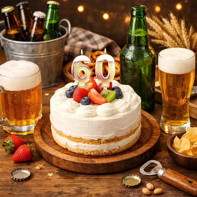 60th Birthday Cake Candles, Beer Themed Cake Numbers Decorations Funny Party Topper Supplies for Men Beer Lover Birthday Celebration Gifts (60)