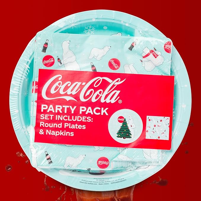 Silver Buffalo Coca-Cola Polar Bears Christmas Tree 32 Pack Partyware Disposable Paper Plates and Napkins