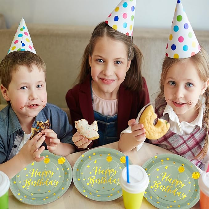 72PCS Happy Birthday Paper Plates - Sage Green and Gold Tableware Set Include 7Inch Paper Plates 6.5 Inch Napkins and 6.3 Inch Forks Disposable Decoration Supplies for Birthday Party,Serve 24