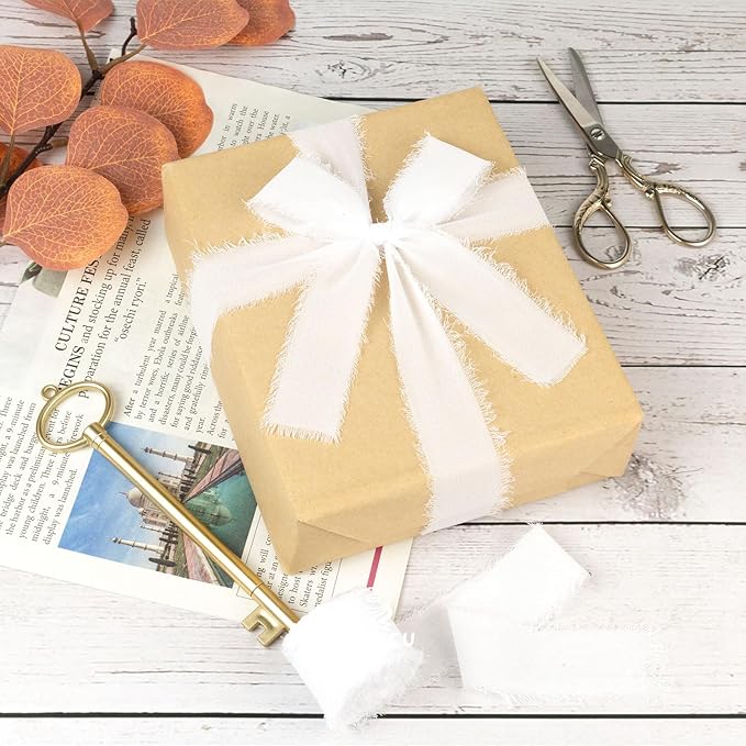 White Chiffon Ribbon - 1 Inch x 21 Yards, Handmade Fringe, Silk, Boho Frayed, Wedding Invitation, Bridal Flower Bouquets, Floral Arrangement, Gift Wrapping