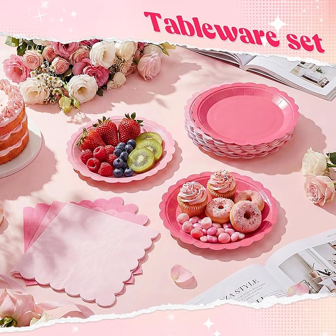 120 Pcs Paper Plates and Napkins Party Supplies Bulk Disposable 7 Inch Scalloped Plates Cocktail Napkins for Wedding Bridal Baby Shower Birthday Decorations, Serve 60(Pink Series)