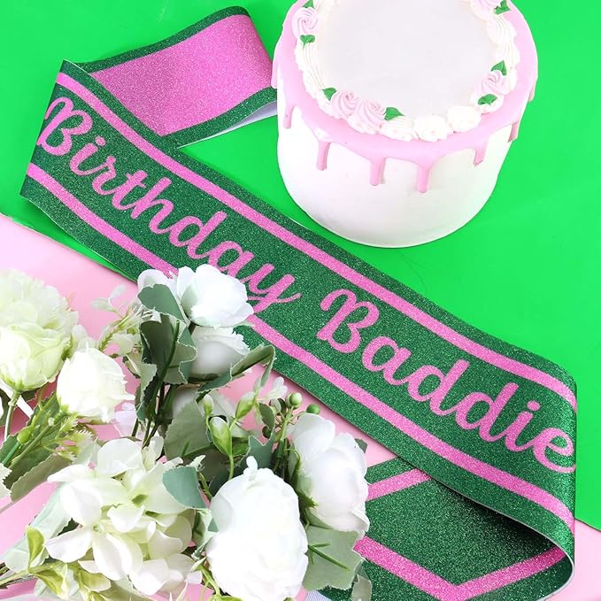 Pink Green Birthday Sash for Girls, Letter "Birthday Baddie" Witch Themed Sash with Glitter Foil, Happy Funny Accessories for Party Favors Supplies