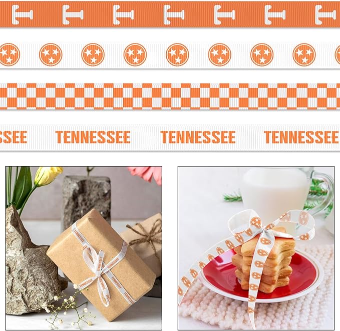 Hying 4 PCS Tennessee Ribbons for Crafting, 3/8" Width Orange White Grosgrain Ribbons Buffalo Plaid Ribbon Tennessee Letters Craft Ribbons for Gift Wrapping DIY Sports Birthday Decorations-20 Yards