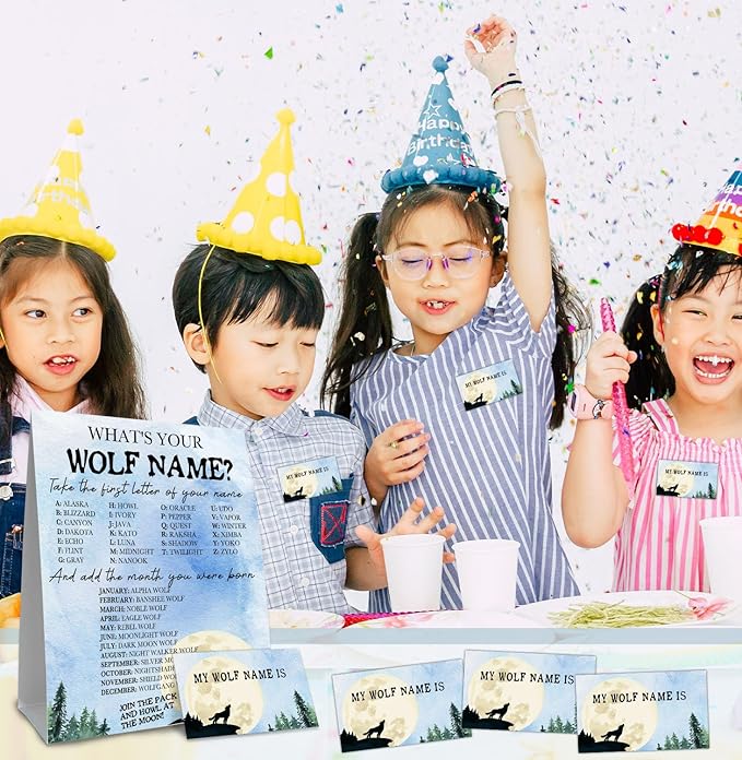 What's Your Wolf Name,1 Game Sign and 30 Name Stickers,Howling Wolf Birthday Party, Holiday Activity, Activity Game for Class Graduation Birthday